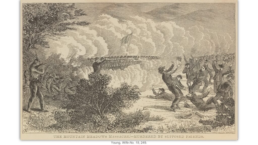 a period drawing of the Mountain Meadows Massacre "Murdered by supposed friends"