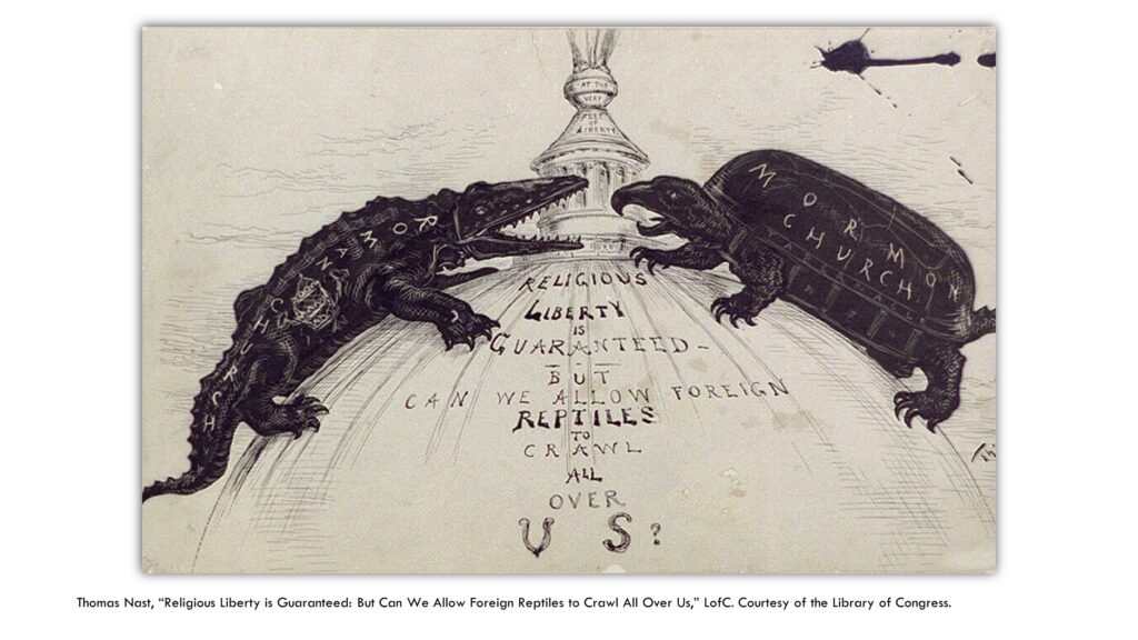 A political cartoon depicting two creatures labled Roman Church and Mormon Church trampling the US