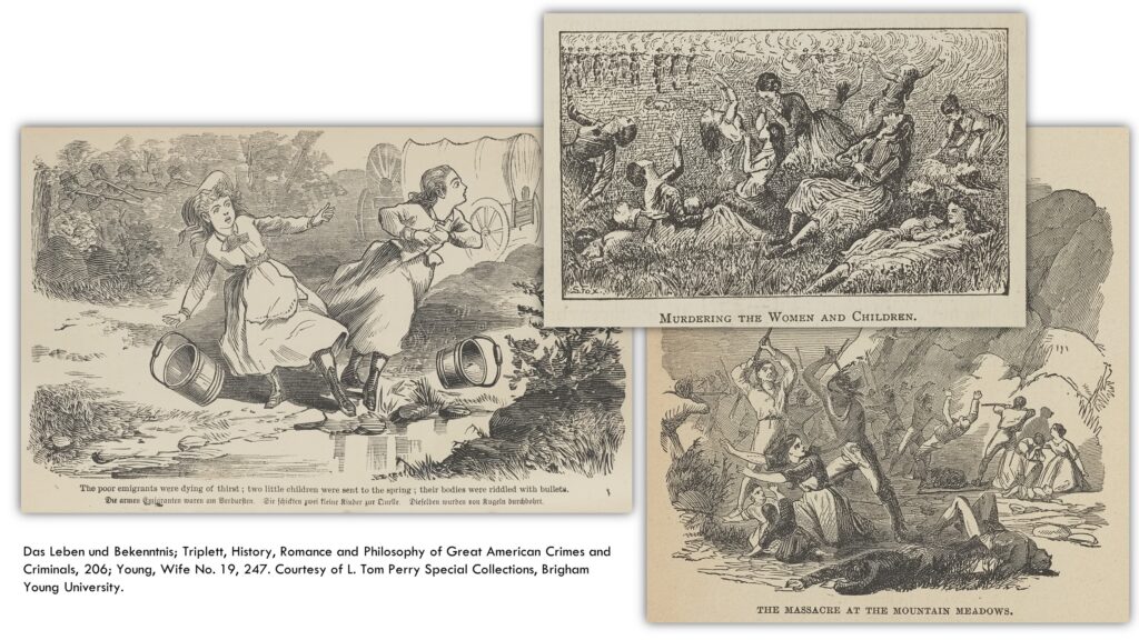 three different drawings from the time, illustrating the violence of Mountain Meadow