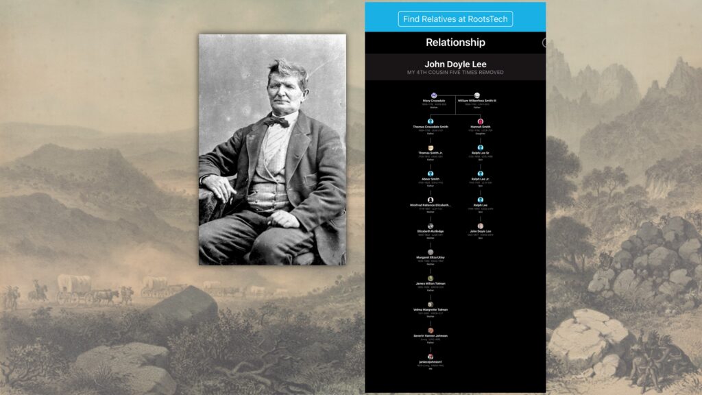 A picture of John D. Lee and a family tree chart showing his relation to the speaker.