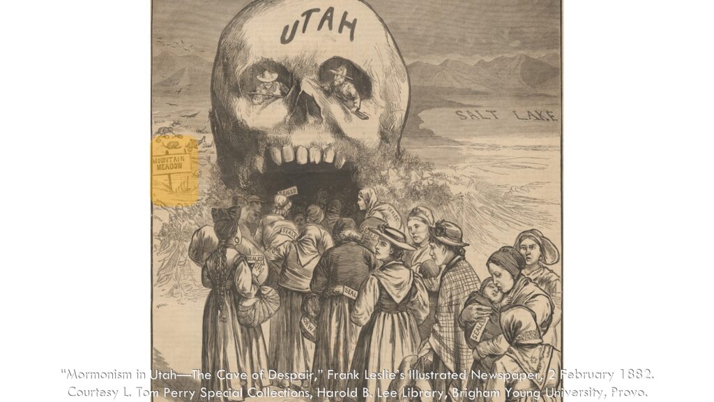 A political cartoon entitled "Mormonism in Utah - the Cave of Despair" the 'cave' is the gaping mouth of a skull and women are walking into it.