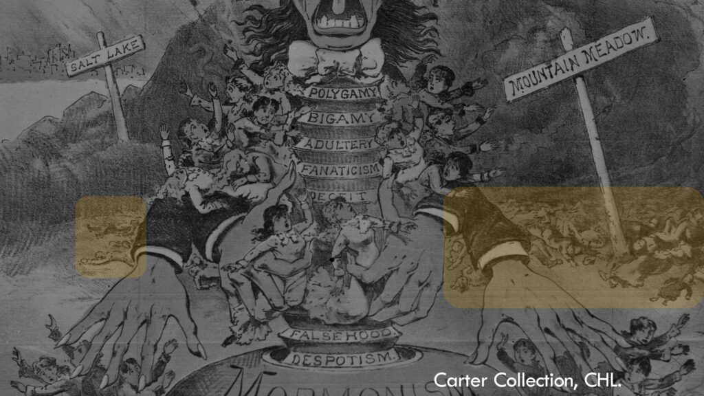 same as last image, but highlighting in yellow specific details of the painting having to do with Mountain Meadow