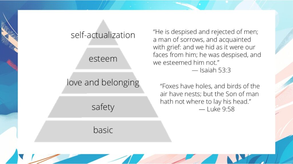 The Gospel Lens Christ the Center of your worldview: Laslow's heirarchy of needs and scriptures
