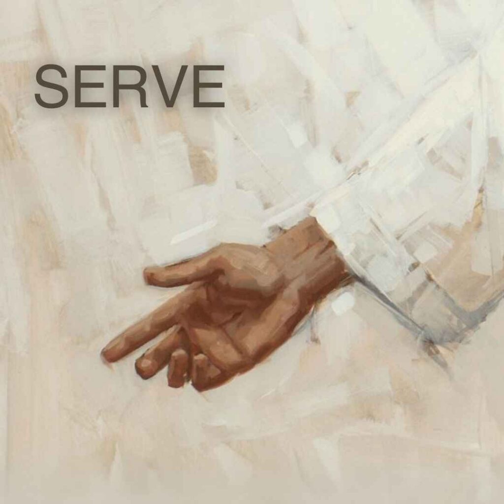 The outstretched hand of the resurrected Christ and an invitation to serve